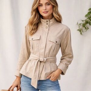 Banana Republic Linen Aviator Jacket Tie Waist Natural Petite L NWT